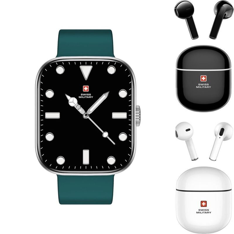Swiss Military ALPS4 Smartwatch Silver Frame Green Silicon Strap + Swiss Military TWS Victor 5 - Black (Bundle) Swiss Military ALPS4 Smartwatch Silver Frame Green Silicon Strap + Swiss Military TWS Victor 5 - Black (Bundle)