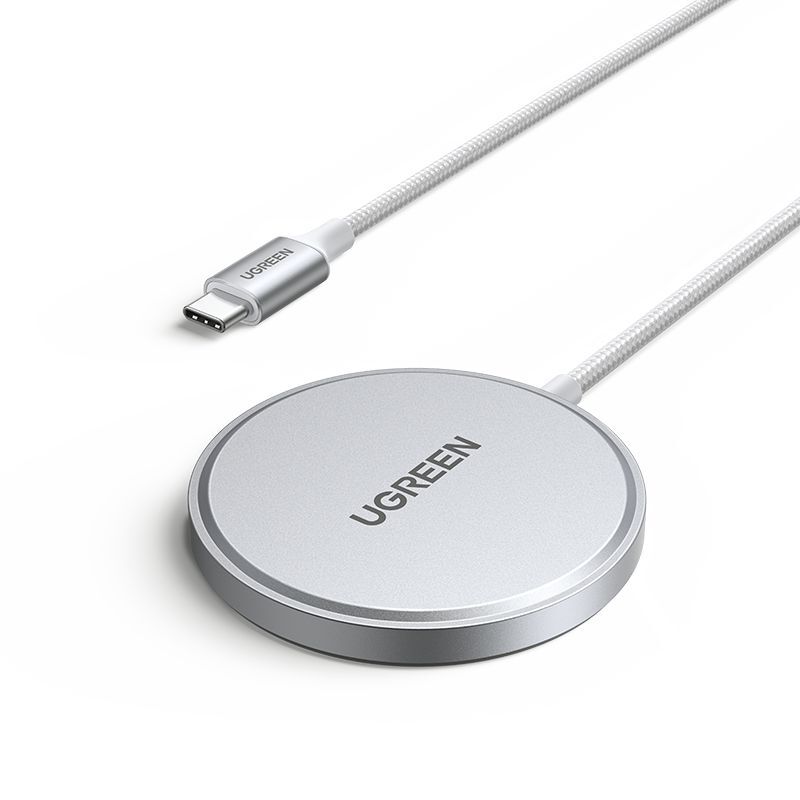 Ugreen Magnetic Wireless Charger Pad 15W Qi2 Builtin USB-C Braided Cable 1.5M - White Ugreen Magnetic Wireless Charger Pad 15W Qi2 Builtin USB-C Braided Cable 1.5M - White