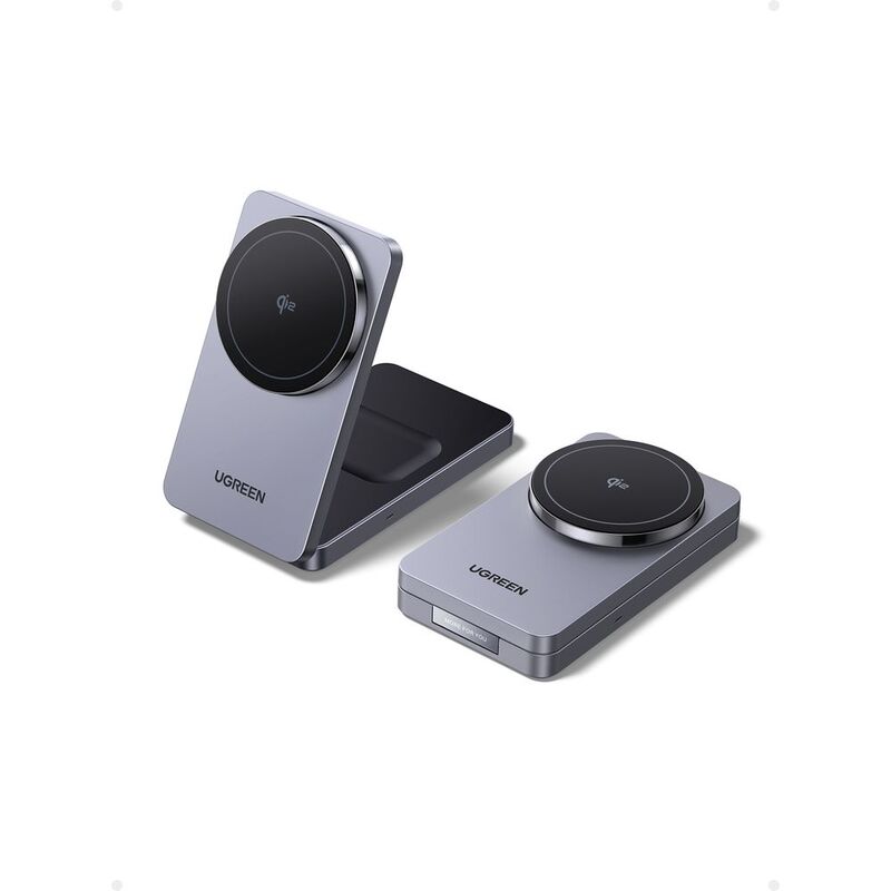 Ugreen 2-In-1 Magnetic Wireless Charger Foldable Stand 15W Qi2 & 5W + USB-C Cable 1M - Grey