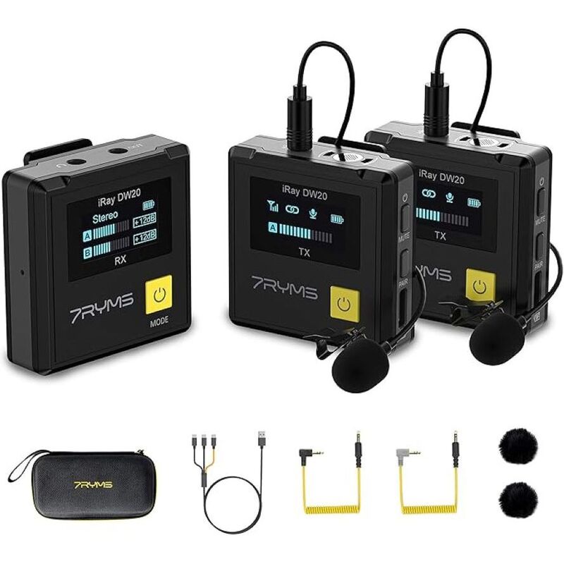 7Ryms Wireless Lavalier Microphone System/ iRay Dw20 2.4G Dual WiReless Lapel Mic For iPhone - Black
