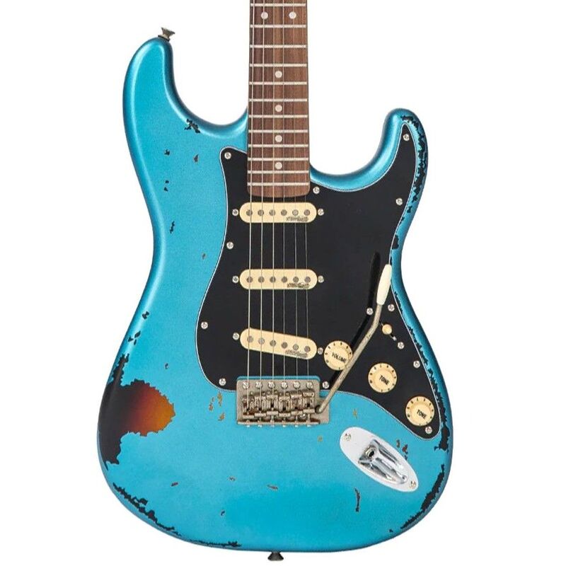 Vintage V6MRGHB Icon Electric Guitar - Distressed Gun Hill Blue On Sunburst