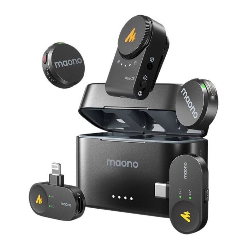 Maono Wave T5 Combo Wireless Lavalier Microphone For Camera / Lightning / Type-C - Black