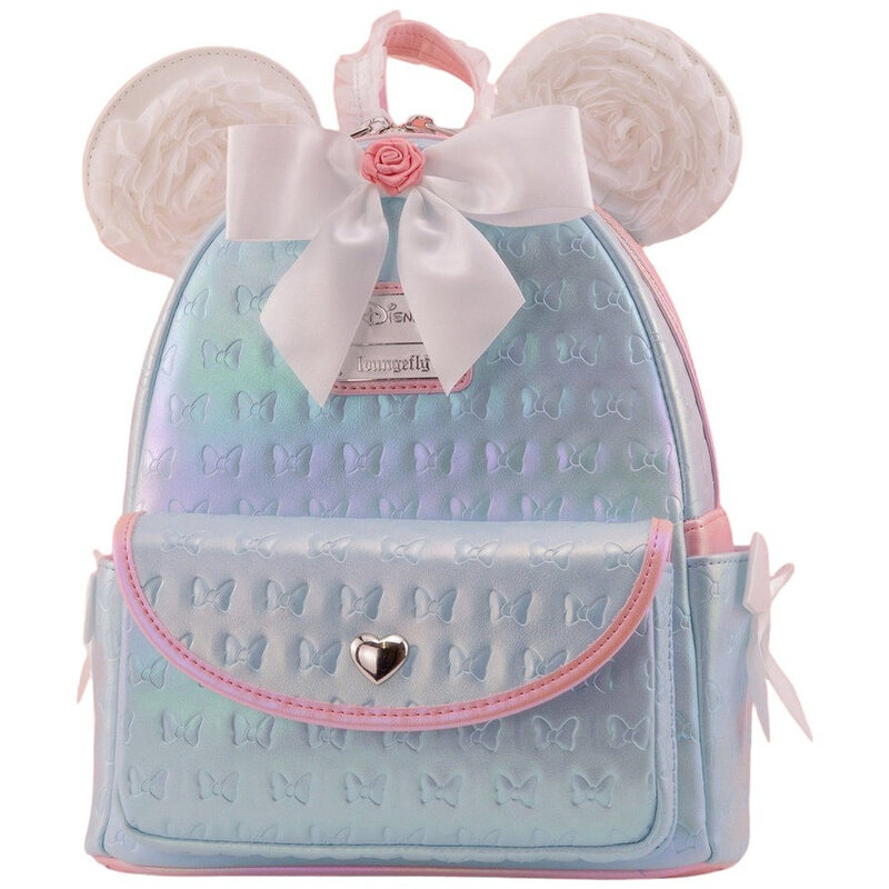 Loungefly Leather Disney Minnie Mouse Blue Bows Alloverprint With Pink Bow Mini Backpack