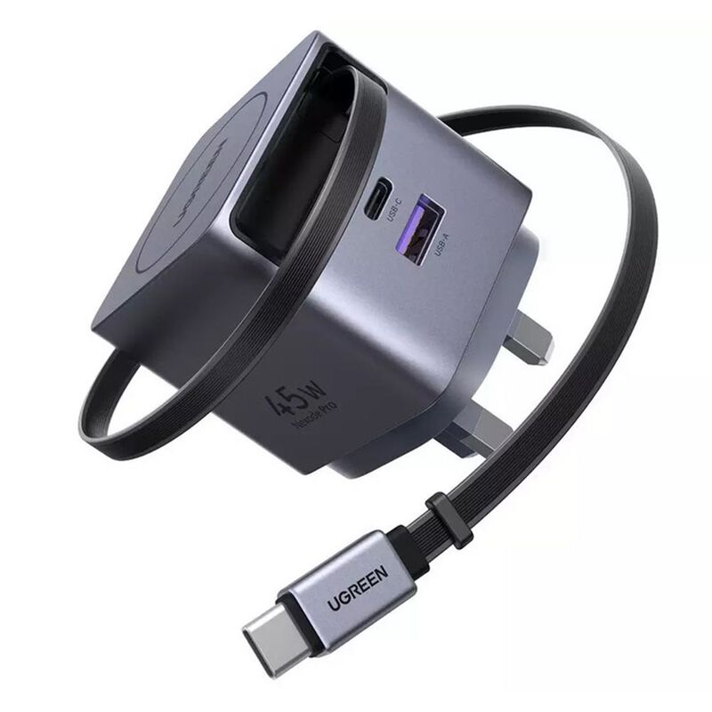 Ugreen 45W Gan Fast Charger With Retractable Cable - Grey Ugreen 45W Gan Fast Charger With Retractable Cable - Grey