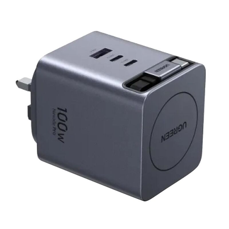 Ugreen 100W Gan Fast Charger With Retractable Cable - Grey Ugreen 100W Gan Fast Charger With Retractable Cable - Grey