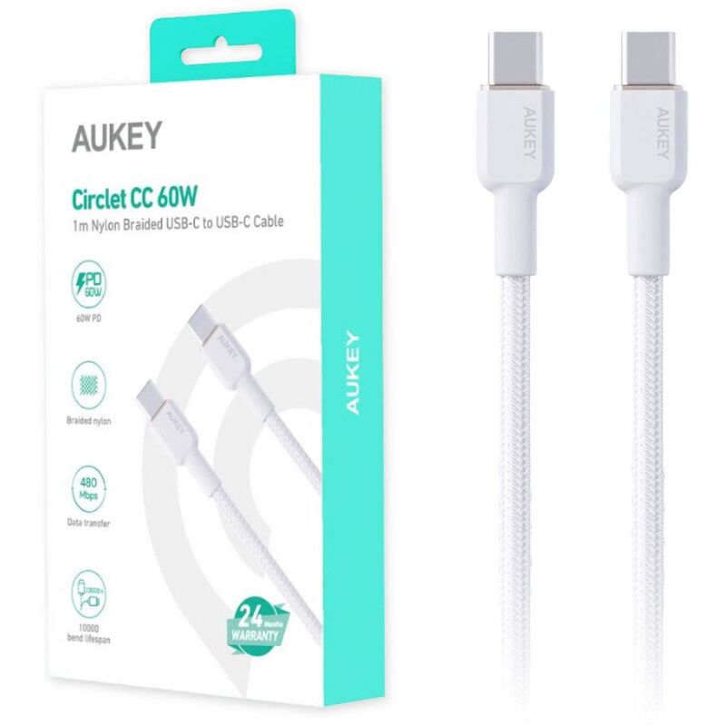 Aukey 1M Nylon Braided USB-C To USB-C Cable - White