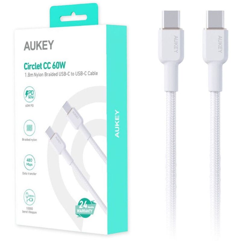 Aukey 1.8M Nylon Braided USB-C To USB-C Cable - White