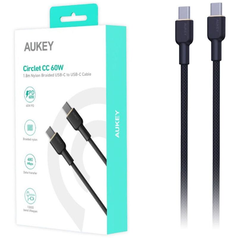 Aukey 1.8M Nylon Braided USB-C To USB-C Cable - Black