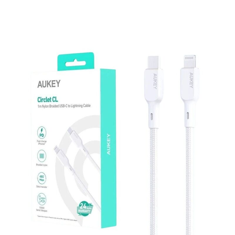 Aukey 1M Nylon Braided USB-C To Lightning Cable - White Aukey 1M Nylon Braided USB-C To Lightning Cable - White