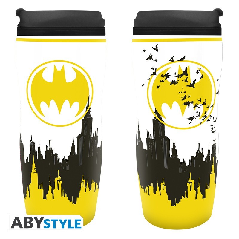 Abystyle Batman Bat-Signal At Gotham City'S Skyline Design Dc Comics Licensed White 0.35 L Insulating Plastic Travel Mug/Tumbler