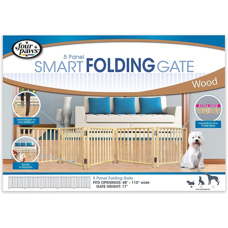 Four Paws Safety Gate Free Standing 5 Panel Walk Over Wood Gate 48-110" x 17"