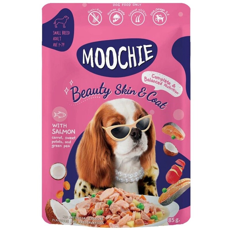 Moochie Dog Food Casserole with Salmon - Beauty Skin & Coat Pouch 12 x 85G Moochie Dog Food Casserole with Salmon - Beauty Skin & Coat Pouch 12 x 85G