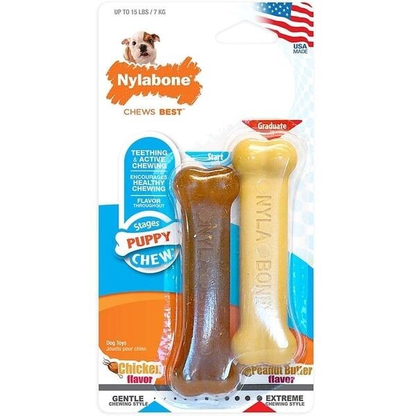 Nylabone Classic Puppy Chew Flavored Durable Dog Chew Toy Peanut Butter & Chicken Flavor X-Small/Petite - Up To 15 Lbs.