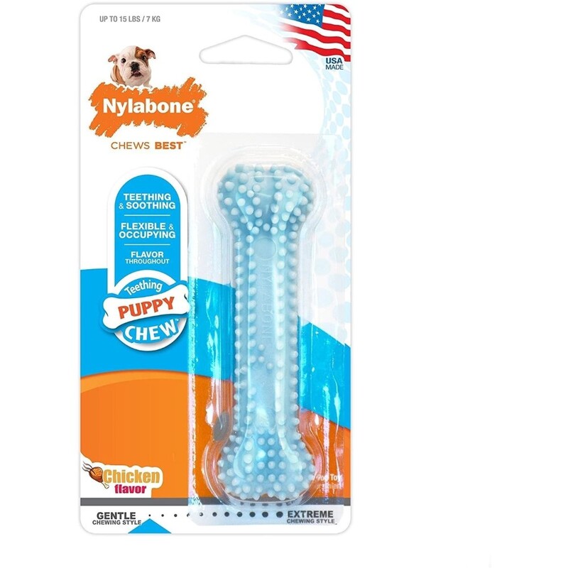 Nylabone Puppy Chew Teething Soft Bone Chicken Petite Blue