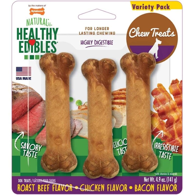 Nylabone Longer Lasting Roast Beef Chicken Bacon Variety Triple Pck Blister Crd Rgular