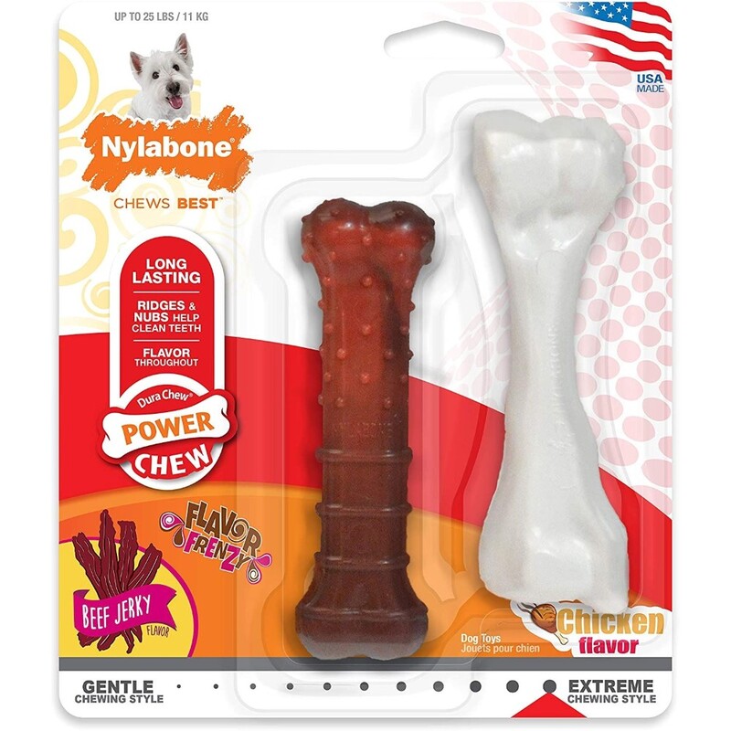 Nylabone Power Chew Durable Dog Chew Toys Twin Pack Beef Jerky & Chicken Flavours Small - For Dogs Up To 11Kg Nylabone Power Chew Durable Dog Chew Toys Twin Pack Beef Jerky & Chicken Flavours Small - For Dogs Up To 11Kg