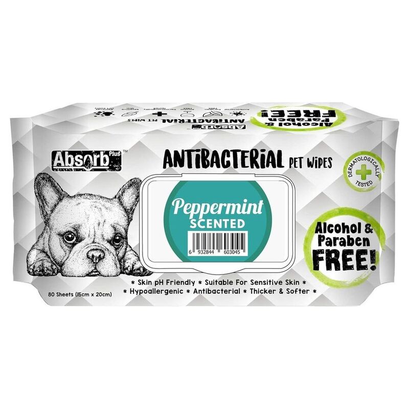 Absolute Pet Absorb Plus Antibacterial Pet Wipes Peppermint 80 Sheets