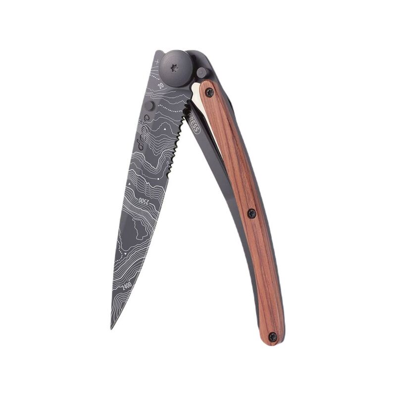 Deejo 37G Pocket Knife - Serrated Coral Wood/Topography (Black)