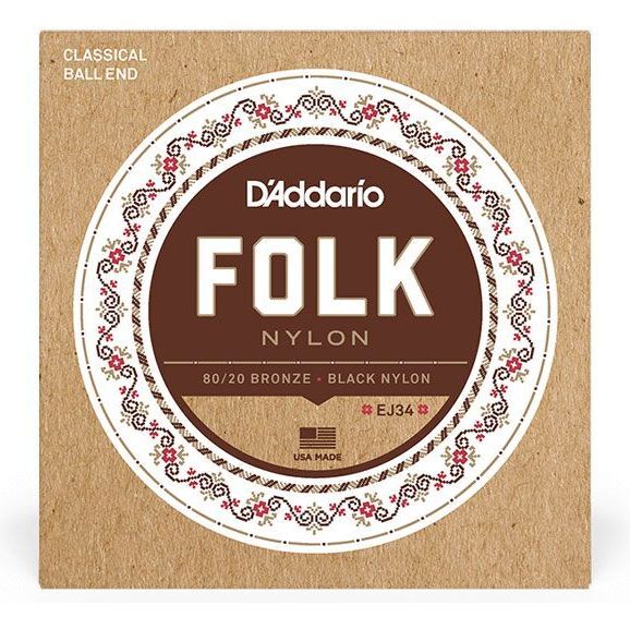 D'Addario EJ34 Folk 80/20 Bronze/Black Nylon Ball End Classical Guitar String - Normal Tension