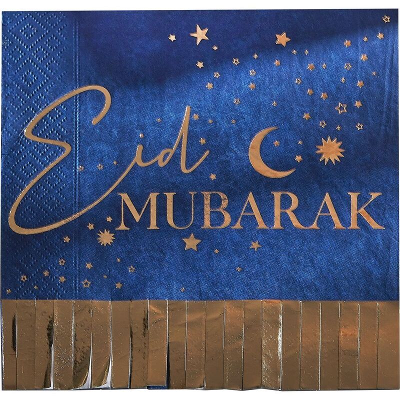 Ginger Ray Paper Napkin - Eid Mubarak Fringe Napkin - Navy And Gold (Pack of 16) (16.5 x 16.5cm)