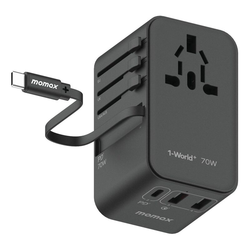 Momax 1-World 70W GaN 3 Port With Built-In USB-C Cable AC Travel Adaptor - Black Momax 1-World 70W GaN 3 Port With Built-In USB-C Cable AC Travel Adaptor - Black