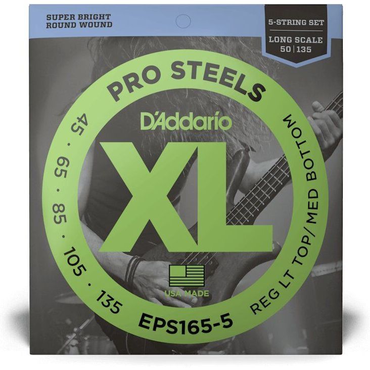 D'Addario EPS165-5 XL ProSteels Long Scale Bass 5-String Regular Light Top/Med Bottom - 45-105