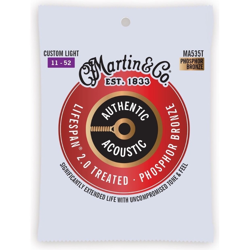 Martin Strings MA535T Authentic Acoustic Guitar Set Lifespan 2.0 Treated Guitar Strings 92/8 Phosphor Bronze Custom Light - .011-.052