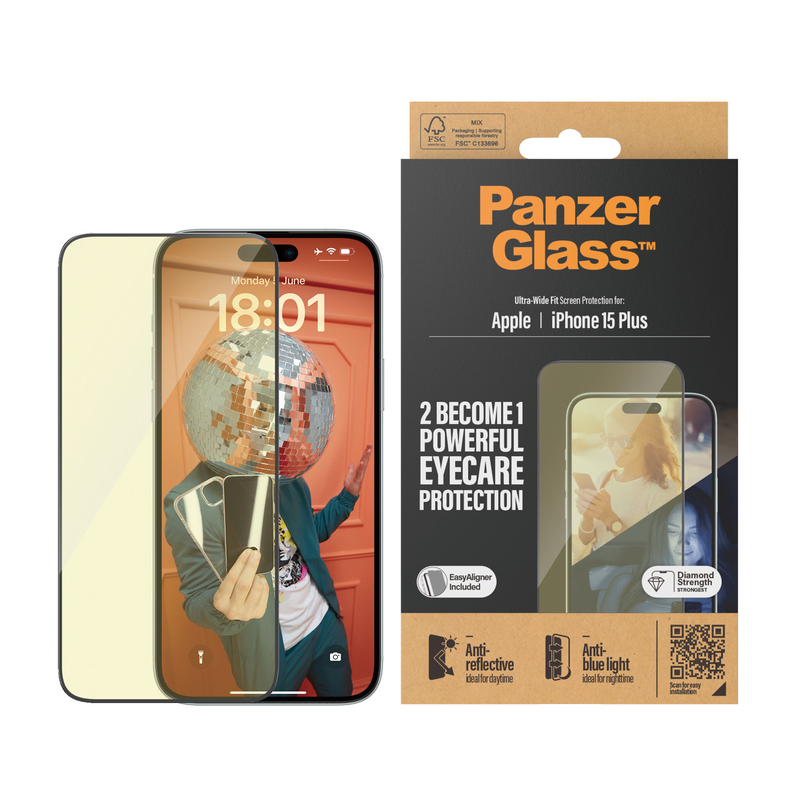 PanzerGlass Screen Protector for iPhone 15 Plus - UWF - Anti-Reflective & Bluelight