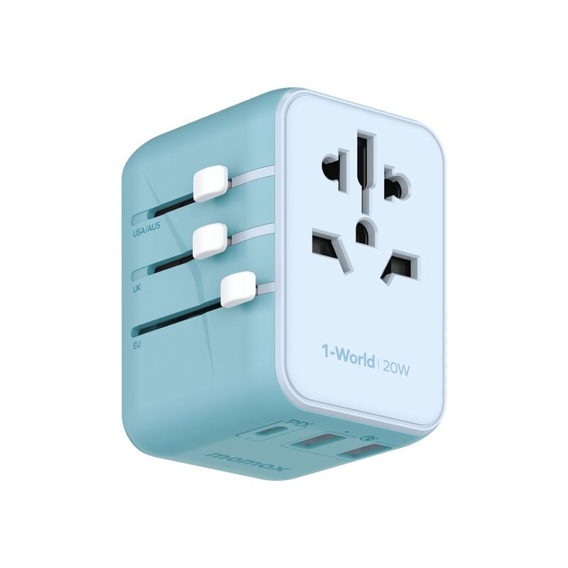 Momax 1-World 20W 3 Port+AC Travel Adapter - Blue