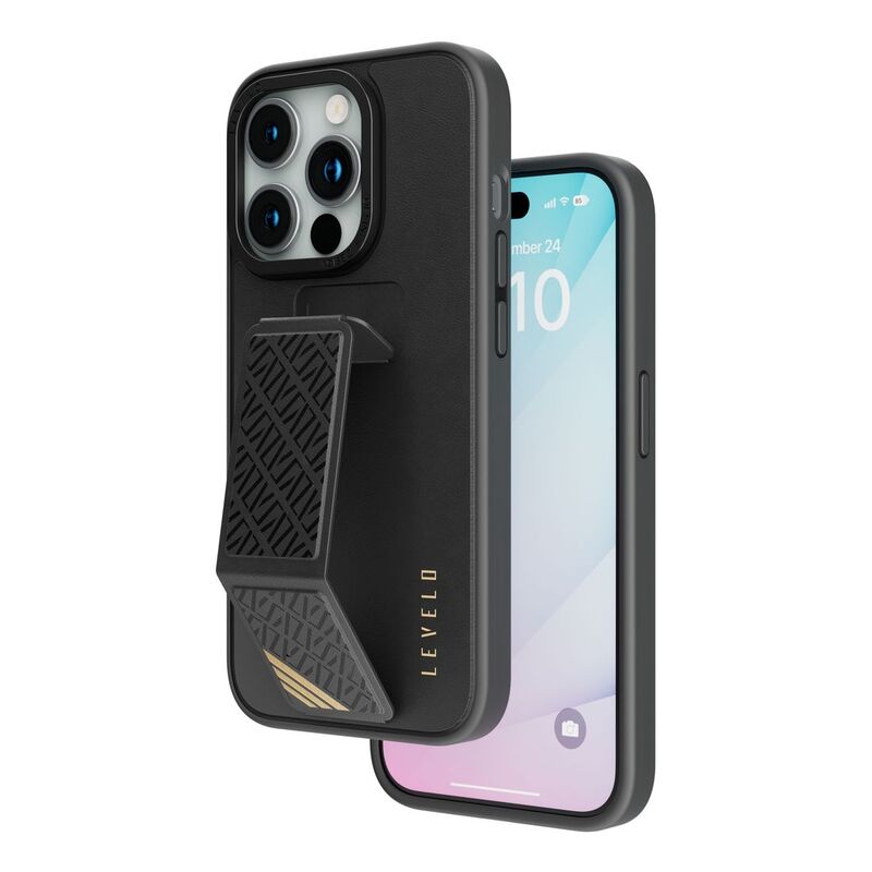 Levelo Morphix Leather Case with Kickstand Grip for iPhone 15 Pro Max - Black