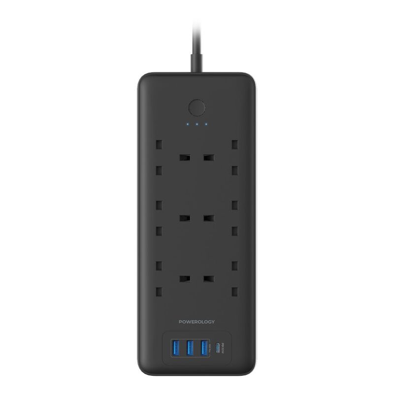 Powerology 48W 6AC 1x PD USB-C and 3x QC USB-A Power Strip - Black (UK)