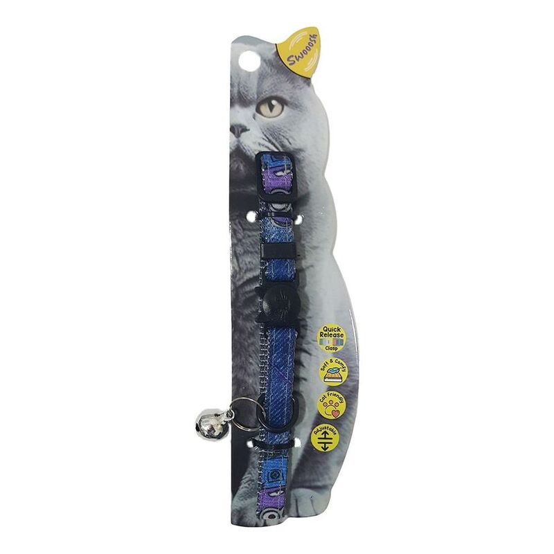 Swooosh Wheels On Jeans Cat Safe Cat Collar - Blue Swooosh Wheels On Jeans Cat Safe Cat Collar - Blue
