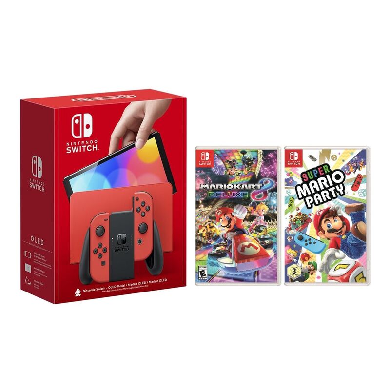 Nintendo Switch OLED - Mario RED Edition Console + Mario Kart 8 Deluxe + Super Mario Party (Bundle)