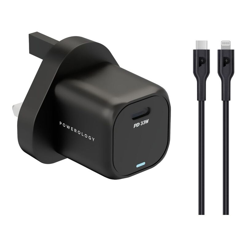 Powerology 33W GaN PD Charger with USB-C to MFi Lightning Cable 1.2m - Black
