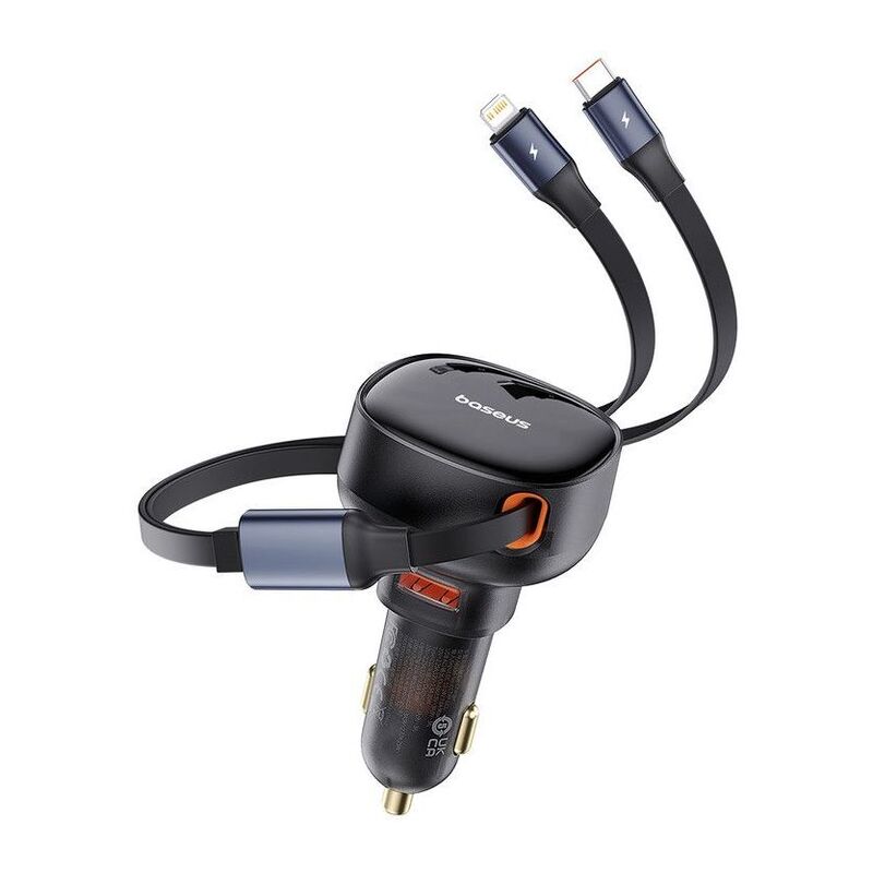 Baseus Enjoyment Pro Car Charger With USB-A Port + Retractable USB-C & Lightning Cable 60W Black