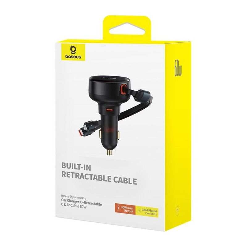 Baseus Enjoyment Pro Car Charger with USB-C Port +Retractable USB-C & Lightning Cable 60W - Black