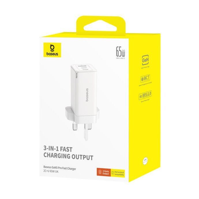 Baseus GaN5 Pro Fast Charger 2 USB-C + 1 USB-A 65W UK - Moon White Baseus GaN5 Pro Fast Charger 2 USB-C + 1 USB-A 65W UK - Moon White