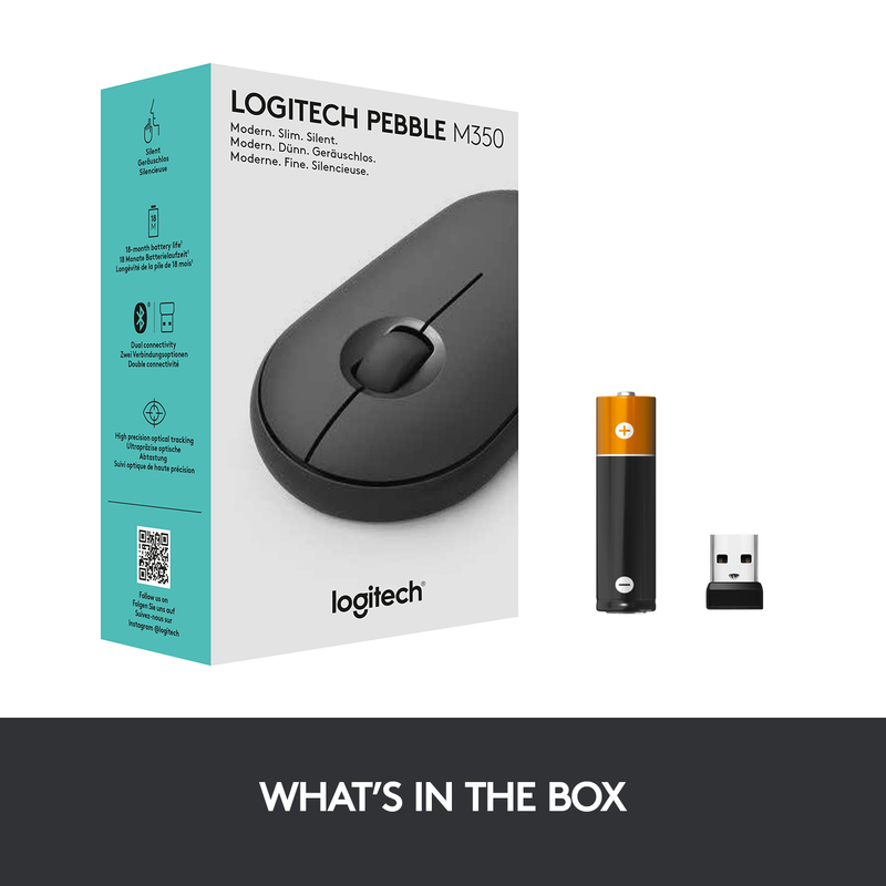 Logitech 910-005718 Pebble Wireless Mouse Graphite with Bluetooth or 2.4 GHz Receiver Silent/Slim/Quiet Click for Laptop/iPad/PC and Mac