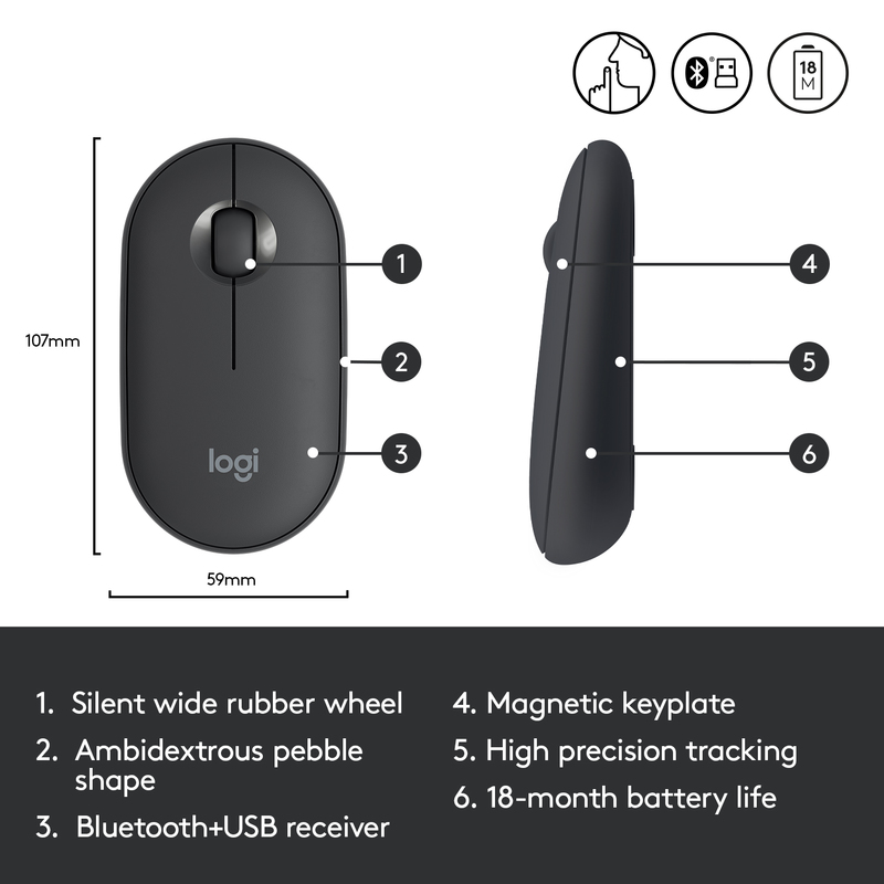 Logitech 910-005718 Pebble Wireless Mouse Graphite with Bluetooth or 2.4 GHz Receiver Silent/Slim/Quiet Click for Laptop/iPad/PC and Mac